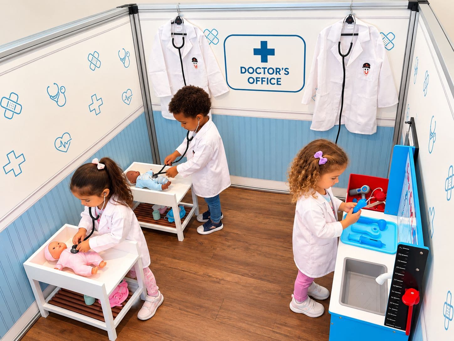 Children in lab coats caring for baby dolls in the Doctor’s Office station