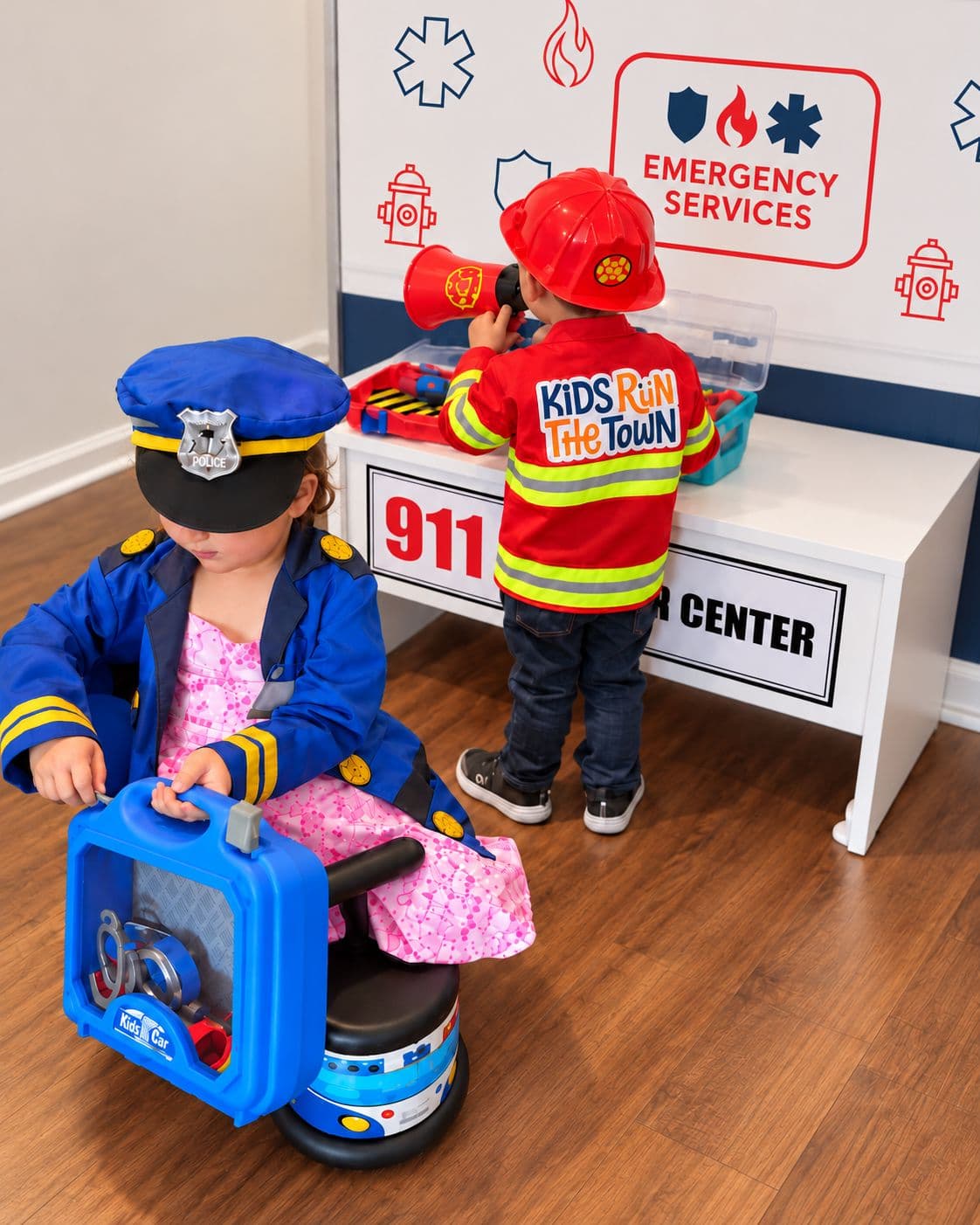 A child dressed as a firefighter and a child dressed as a police officer playing in the Emergency Services station